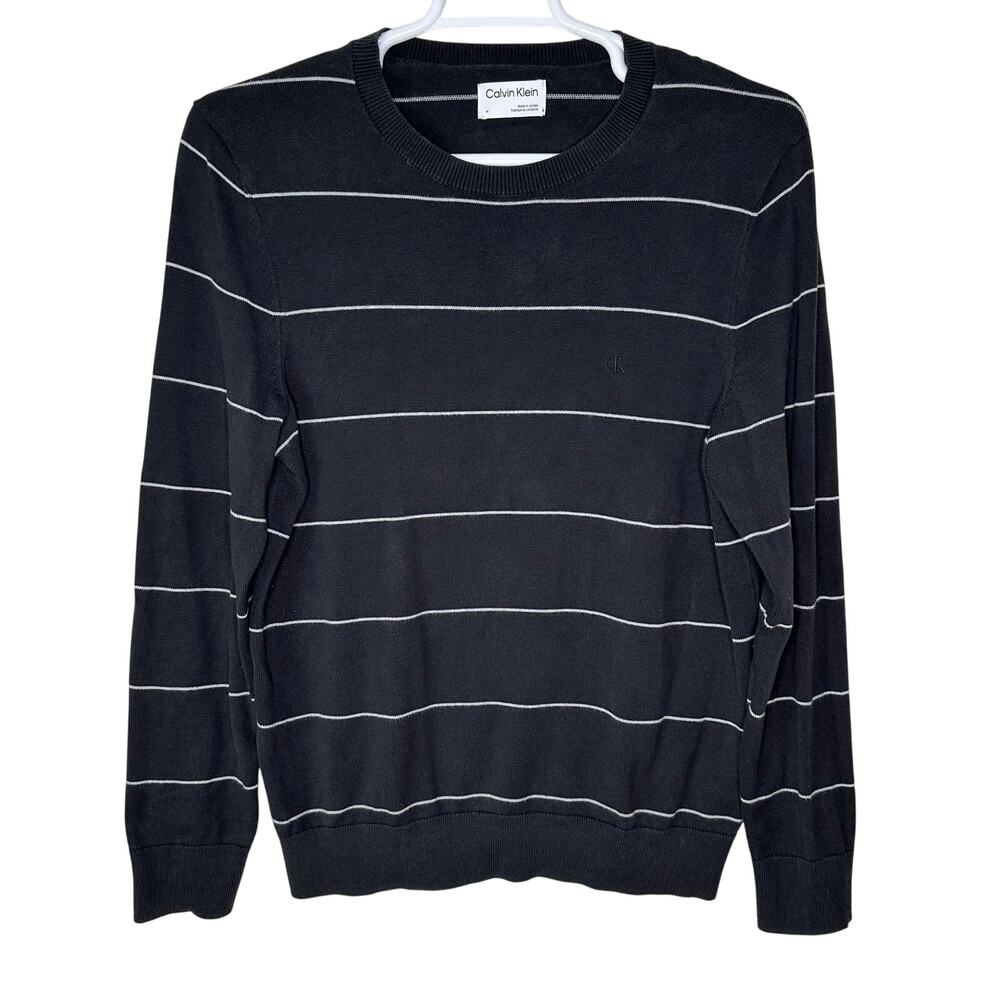 Calvin Klein Men's Medium Sweater Black‎ White Striped Crewneck Knit GUC